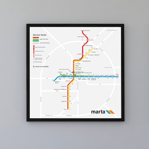 Atlanta MARTA rapid transit map print - square-sized poster with original art