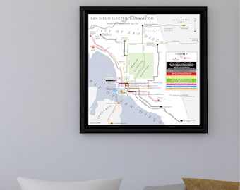 Impresión de mapa del sistema de tranvías del Ferrocarril Eléctrico de San Diego, 1918 - póster artístico original