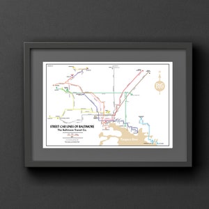 Impresión del mapa del sistema de tranvías de Baltimore Transit Co., 1950 - impresión artística original
