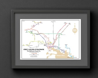 Impresión del mapa del sistema de tranvías de Baltimore Transit Co., 1950 - impresión artística original
