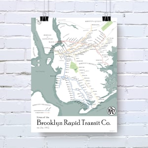 Brooklyn, NY Subway and Train Map, 1912 - Retro Karten Poster im Vintage Stil