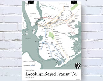 Mapa del metro y trenes de Brooklyn, NY, 1912: impresión de póster de mapa de estilo retro y vintage.