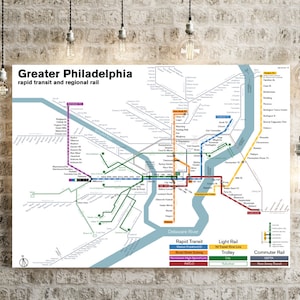 Snelle kaart van Philadelphia (stijl uit de jaren 70) - inclusief SEPTA, Philadelphia-trolleys, New Jersey Transit en Camden