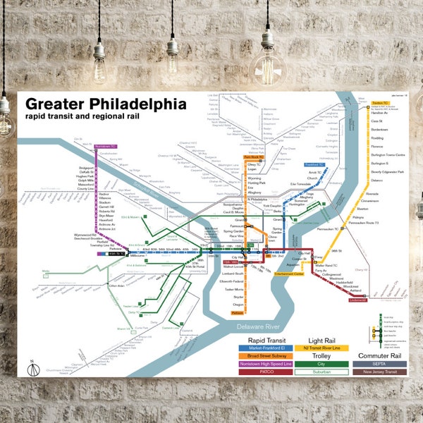 Philadelphia rapid transit map (1970s style) - includes SEPTA, Philly trolleys, New Jersey Transit and Camden