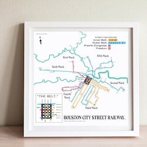 Impresión del mapa del sistema de tranvías de Houston, Texas, 1895: póster artístico original