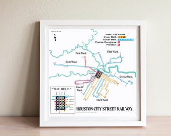 Impresión del mapa del sistema de tranvías de Houston, Texas, 1895: póster artístico original