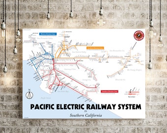 Tranvías y trenes de Los Ángeles, 1926: póster con mapa impreso y arte original.