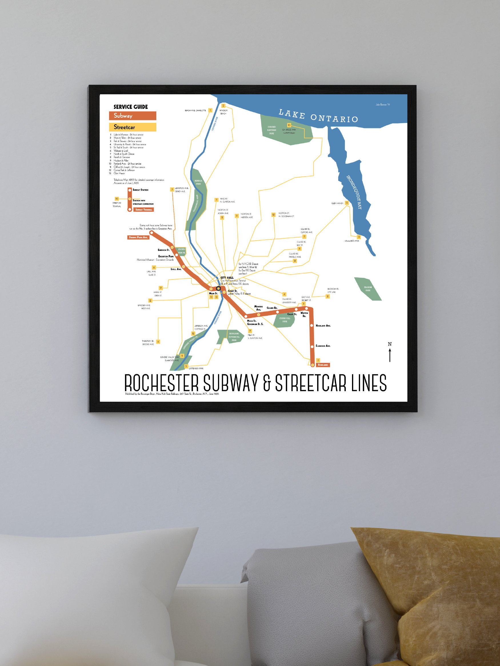 Rochester, NY Subway and Streetcar Map Print, 1929 - Original Retro Art