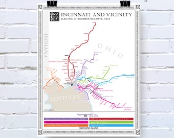 Mapa del sistema de tren ligero de Cincinnati, Ohio, 1912: póster de arte retro original