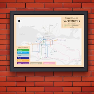 May include: A vintage map of streetcar routes in Vancouver and its suburbs. The map shows the different lines and routes, with labels for each line, including Cambie, Granville, Pender, Powell, Richards, and Shuttle. The map also includes a legend explaining the different colours and symbols used.