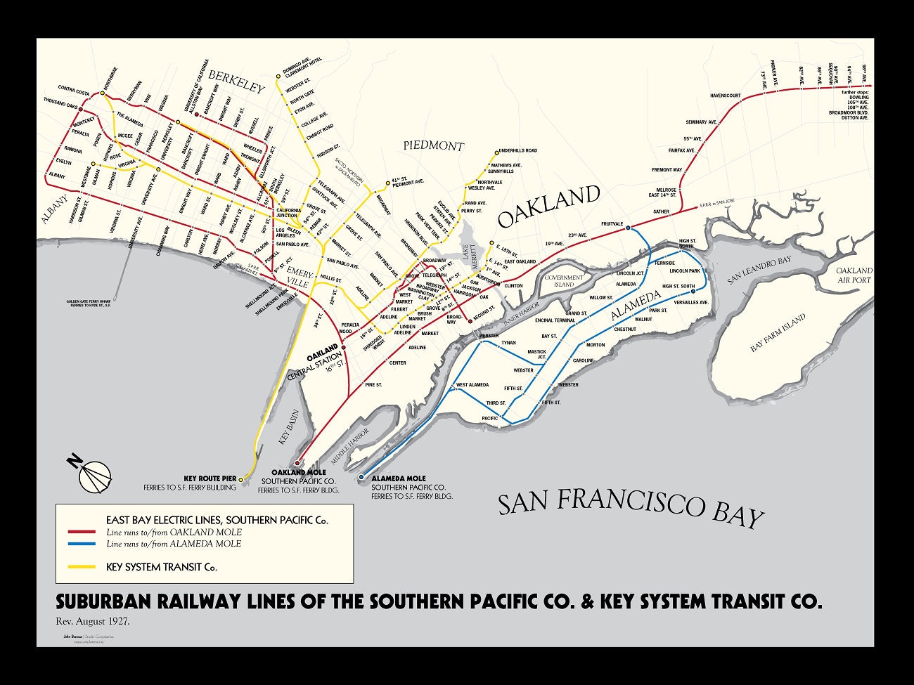Oakland & Berkeley rapid transit map, 1927 original retro poster art of ...