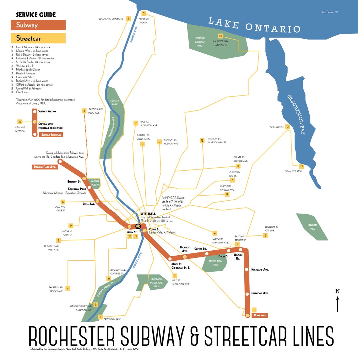 Rochester, NY Subway and Streetcar Map Print, 1929 - Original Retro Art