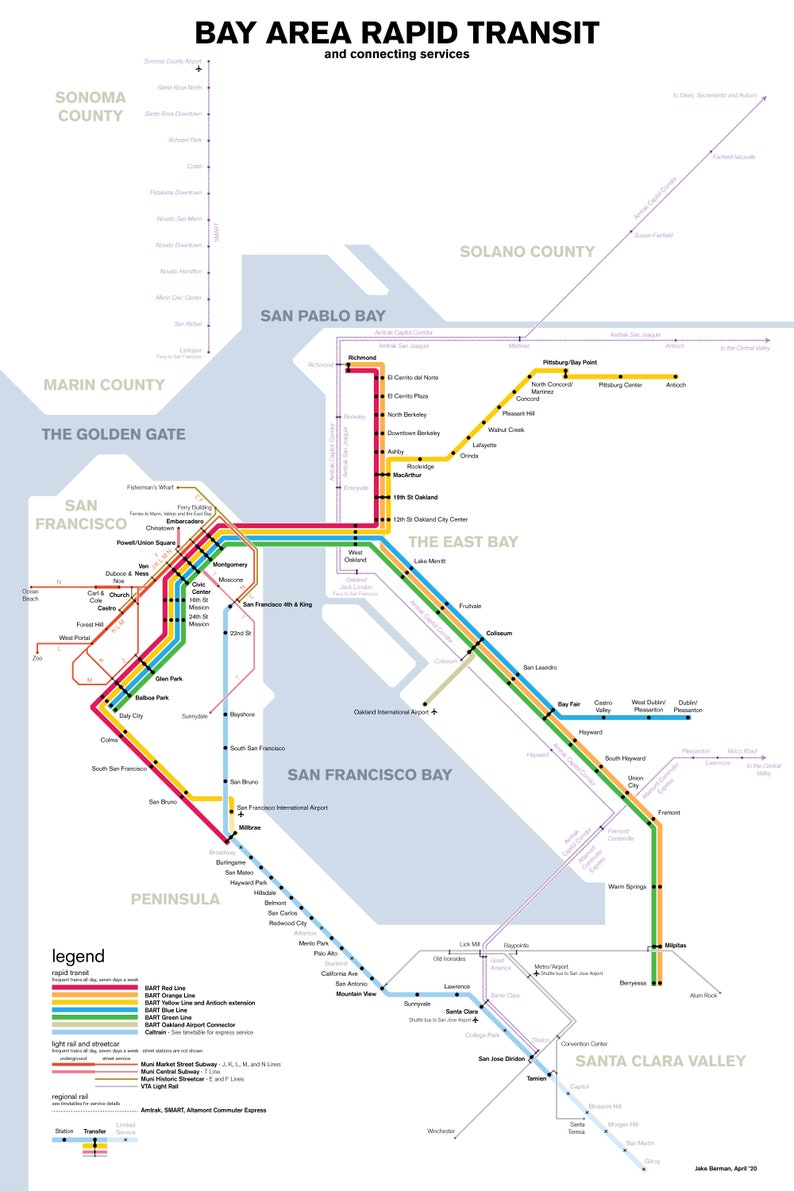 Bay Area Rapid Transit map print 2020 Etsy