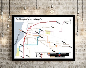 Mapa del sistema de tranvías del ferrocarril de Memphis Street, 1945: póster original/impresión artística