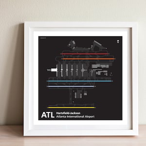 K&ouml;nnte beinhalten: Eine Schwarzwei&szlig;illustration des Layouts des Hartsfield-Jackson Atlanta International Airport (ATL). Die Illustration zeigt die Terminals, Start- und Landebahnen sowie Rollwege. Der Text "ATL Hartsfield-Jackson Atlanta International Airport" befindet sich am unteren Rand der Illustration.