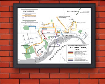 Richmond, Virginia streetcar system map poster, 1891- original art print