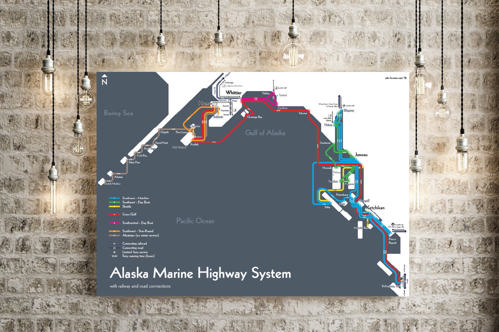 Alaska Marine Highway System Ferry Map Print Original Art Etsy