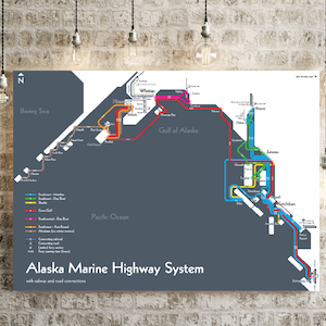 Impressão do mapa da balsa do Alaska Marine Highway System - arte original!
