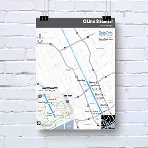 Original Detroit light rail map poster print
