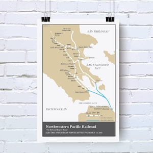 Impression de la carte du système de tramway du comté de Marin, Californie, 1938