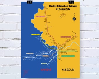 Impresión de un mapa del sistema de tren ligero de Kansas City, Misuri, 1924 - póster original