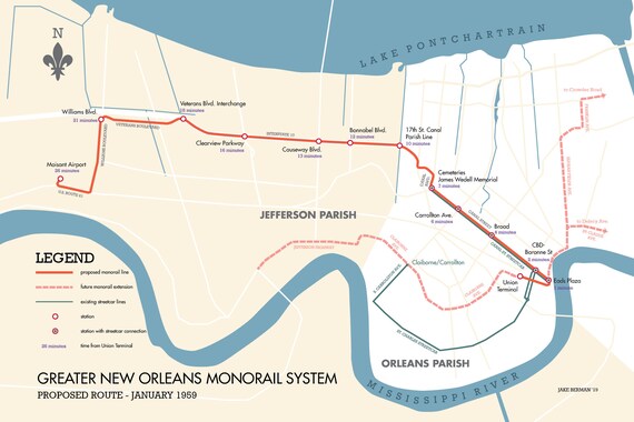 New Orleans Streetcar Map New Orleans Streetcar And Monorail Plan Map Print 1959 | Etsy Canada
