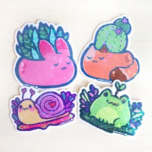 Kawaii plant holografische vinyl stickerset - schattige stickers voor konijn, kat, slak en kikker - Succulent geïnspireerde natuurstickers