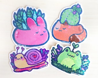 Kawaii Plant Holographic Sticker Set: Bunny, Cat, Snail & Frog