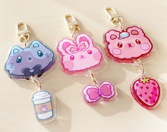 Kawaii Animal Acrylic Charm: Bunny, Cat, Bear - Gold Clasp Keychain