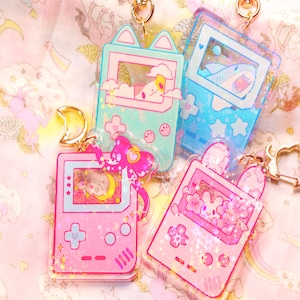 Cute Gameboy Keychain - Gamer Girl Game Boy Kawaii Keychain - Holographic Keychain for Cute Animal Lovers  - Cute Gift for Gamers and Girls