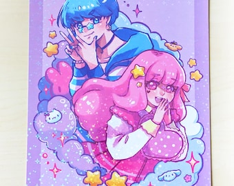Magical Twins Art Print - Sparkly Holographic Cute Anime Art Print Pastel Aesthetic