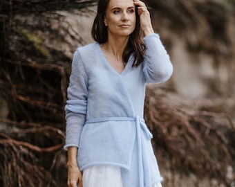 Cardigan en soie mohair bleu clair, accessoires de mariage bleu ciel, veste de mariée bleu clair en soie mohair, robes mère de la mariée en mohair