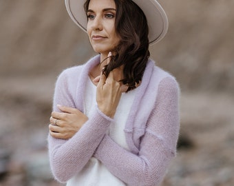 Lichte lavendel mohair zijden bolero, mohair bolero schouderophalen, gebreide bolero, trouwtrui, bruidsbedekking, bruidstrui, lavendel haalt zijn schouders op