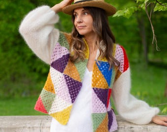 Jersey de mohair con retazos, jersey de punto colorido hecho a mano, jersey de lana estilo boho, jersey extragrande único