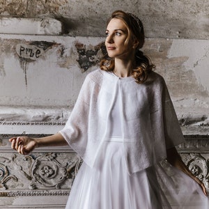 White Mohair Wedding Shawl: Knit Bridal Cape, Boho Bolero