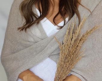 Handmade mohair silk knit  beige shawl-bolero, oversized wedding wrap