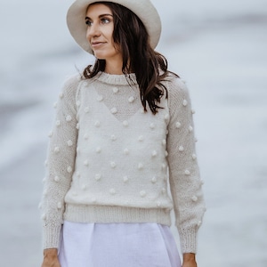 Mohair Wedding Sweater: White Bridal Pullover with Bubble Sleeves