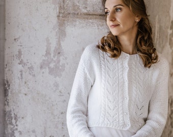 Witte katoenen trui, witte viscose pullover, witte linnen jas, bruidskatoen viscose linnen trui, bruiloft schouderophalen, bruids viscose schouderophalen