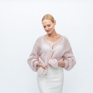 Light pearl pink mohair silk cardigan, soft pink bride mohair cardigan, wedding mohair soft cape, wedding sky pink mohair silk accessories