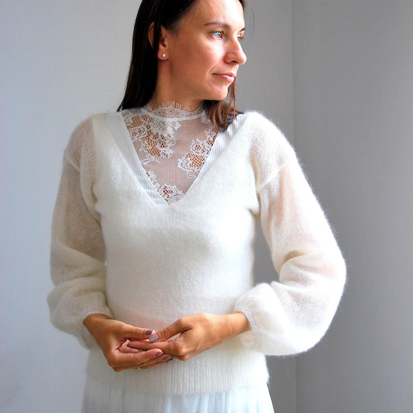 Off white mohair silk brautpullover, mohair silk sweater, white mohair cardigan, wedding white sweater, women mohair pullover, bridal jacket