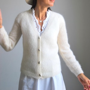 Buttoned handmade mohair and silk sweater, bridal handmade off white mohair silk pullover, wedding white accessories, soft white cardigan