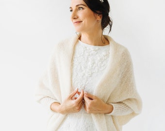 Cardigan en soie d’alpaga blanc cassé, veste en mohair en soie blanche de mariage, pull en soie d’alpaga nuptiale, accessoires de mariage, haussement d’épaules de mariée en alpaga doux