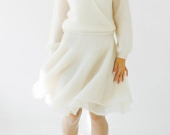 Wedding mohair silk knitted skirt, off white mohair silk knitted skirt, softest mohair wool handmade skirt, bridal winter white soft skirt