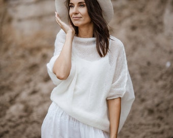 Châle cape de mariage, enveloppement mohair de mariage, châle d'écharpes de mariée, cardigan de mariage, pull de mariée, pull blanc pour femme, haussements d'épaules en tricot de mariée