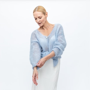 Light sky blue mohair silk cardigan, soft blue bride mohair cardigan, wedding mohair soft cape, wedding sky blue mohair silk accessories