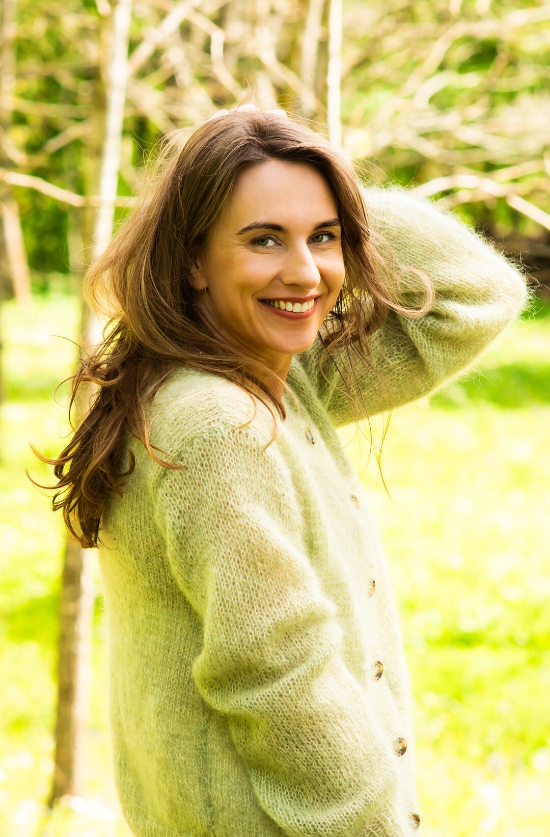 Handmade Mohair Silk Cardigan: Soft Green Knit Open Front Sweater