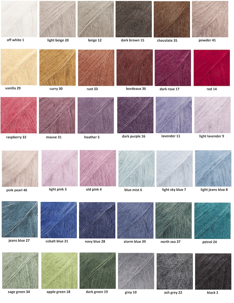 May include: A color chart displaying a variety of yarn shades. The chart includes colors such as off-white, light beige, dark brown, red, and various shades of blue and green. Each color is labeled with a name and number.