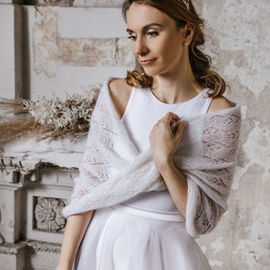 Hochzeit Umhang Stola, Hochzeit wrap Mohair, Braut Schals, Hochzeit weiß, Braut Stola, Frauen Schal, Braut stricken Bild 1