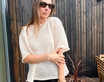 Linen Knit Top for Women | Handmade Lightweight Linen Blouse | Minimalist Summer Sweater