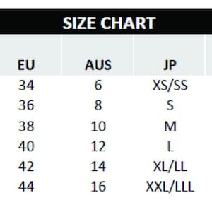 May include: A size chart with the title "SIZE CHART" in a black font. The chart includes size conversions for UK, US, EU, AUS, JP, CN, and KR sizes, with measurements in inches and centimeters. Sizes range from XS to XXL.